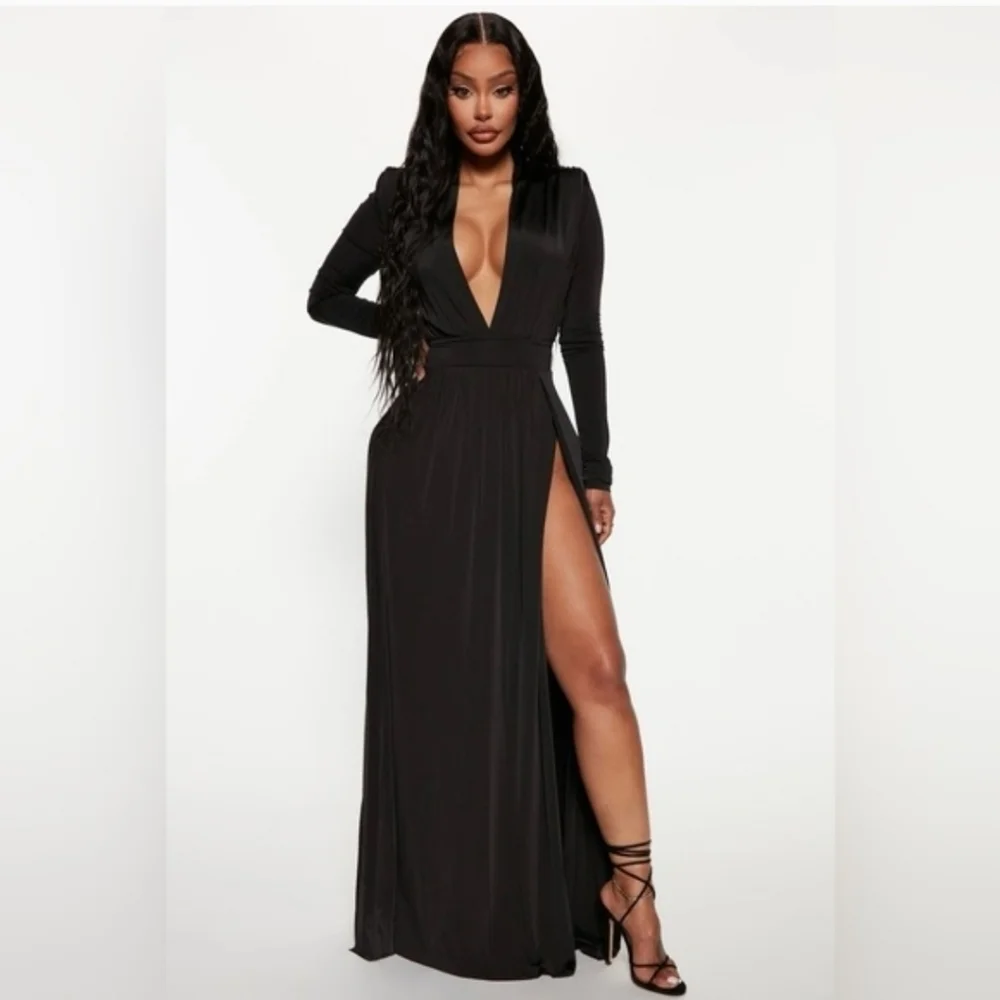 NWT Fashion Nova Spree Black Dress Sexy Miami Style Stretch Long Sleeve Sz S